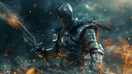 Knight in iron armor swinging his magic ax on the battle