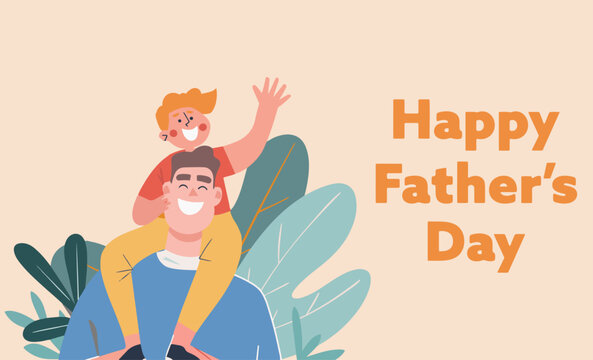 Father with son. Happy Father's Day congratulations card. Greeting June holiday poster, banner for sale promotion, marketing, advertising, celebration gift illustration. Flat style.