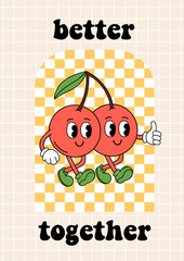 poster with cute cherries on a checkered background - 791538817