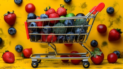 A dynamic visualization depicting a supermarket shopping trolley cart laden with bags of fresh groceries, including ripe fruits, crisp vegetables