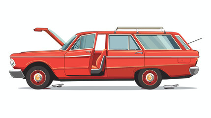 Red station wagon car with open background door isolated si