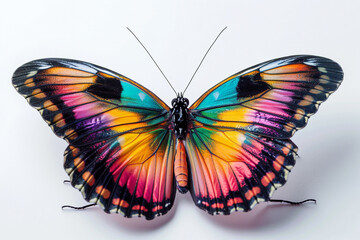 A close-up shot of a vibrant butterfly emblem, its multicolored wings spread wide against a...