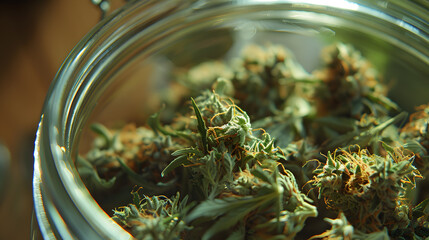 Dry cannabis buds, stored in glass jars
