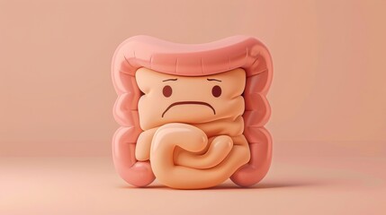 Cartoon illustration of a sad abstract gut with a disease.	
