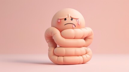 Cartoon illustration of a sad abstract gut with a disease.	
