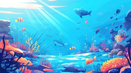 Underwater landscape, manta and fish shoal, corals and seaweeds, vector sea or ocean undersea background. Deep water or underwater landscape with marine blue scene silhouette of manta ray and fishes