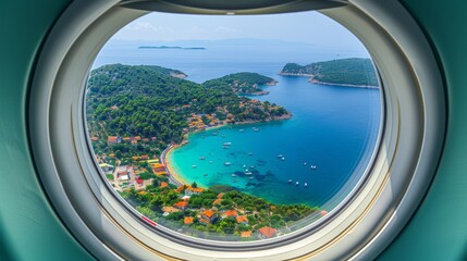 Aerial panorama Illustrate a panoramic view of a tropical island from the window of a seaplane, with pristine beaches, lush
