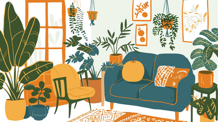 Retro interior. living room. houseplants. orange tree