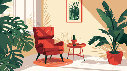 Retro interior. Living room with red chair coffee tab