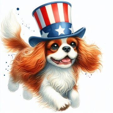 recommend clip art: Cavalier King Charles Spaniel Dog Patriotic with American Flag. Watercolor 4th July Memorial Day Clip Art. Celebration USA (United State) Independence Day Art Cute Cartoon Character