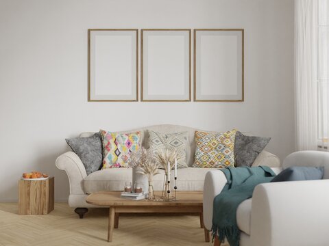 Fototapeta Mockup frame, poster in home living room ethnic design, front view element mockup interior, 3d rendering