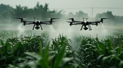 Drone flying over a lush green agricultural field, spraying pesticides, equipped with various sensors and cameras to be used in precision agriculture. High technology innovations and smart farming.