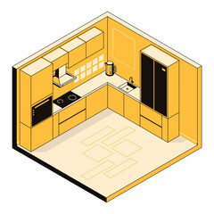 3d concept kitchen interior, furniture and household appliances for cooking. Home, room, template furniture store, design studio, architectural business, hostel. Vector linear isometric illustration