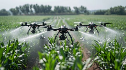 Drone flying over a lush green agricultural field, spraying pesticides, equipped with various sensors and cameras to be used in precision agriculture. High technology innovations and smart farming.