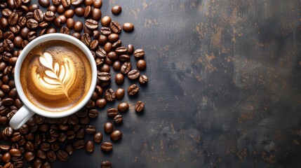 Top view image of a dark stone background with a cup of coffee and coffee beans on a horizontal banner with copy space.