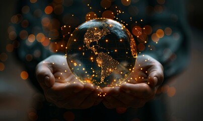Hands present a glowing digital globe against a dark background, symbolizing global connectivity and modern technology.
