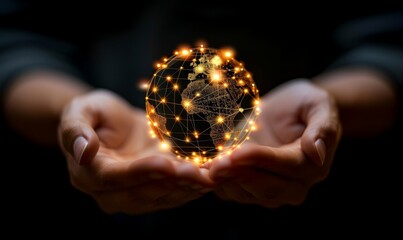 Hands present a glowing digital globe against a dark background, symbolizing global connectivity and modern technology.