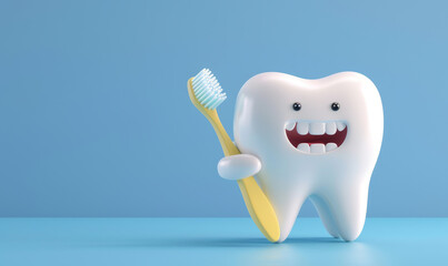 3D model of a cheerfully smiling tooth and a toothbrush on a blue background, with copy space, children's dentist.