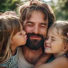 Portrait of a father and his two daughters in the park. AI.