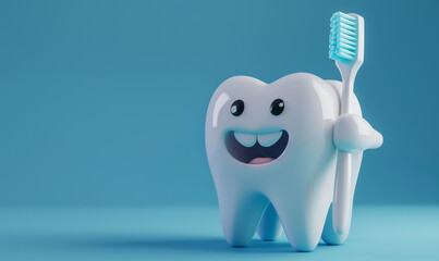 3D model of a cheerfully smiling tooth and a toothbrush on a blue background, with copy space, children's dentist.