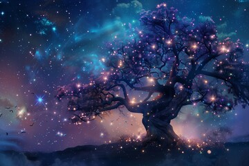A fantasy illustration of a tree with flowers that bloom in the shape of stars. - obrazy, fototapety, plakaty