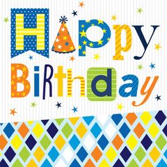 Happy birthday card design with colorful text and stars