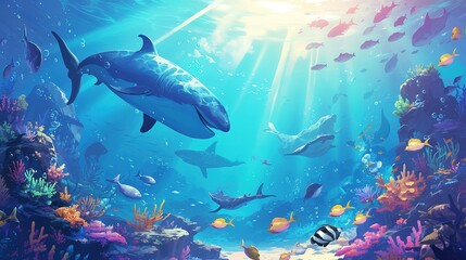Underwater landscape, manta and fish shoal, corals and seaweeds, vector sea or ocean undersea background. Deep water or underwater landscape with marine blue scene silhouette of manta ray and fishes