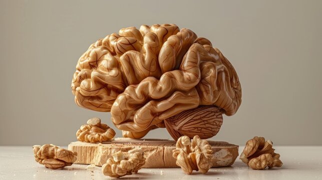 Anatomical human brain made from nuts (walnut, almond, cashew).
