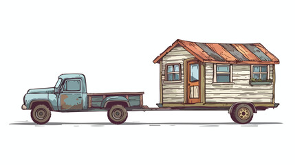 Pickup truck towing a tiny house on a wheeled chassis