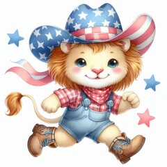 Little Lion Patriotic with American Flag. Watercolor 4th July Memorial Day Clip Art. Celebration USA (United State) Independence Day Art Cute Cartoon Character