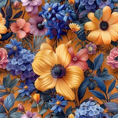 Detailed Vibrant Flower Pattern on Peach Background