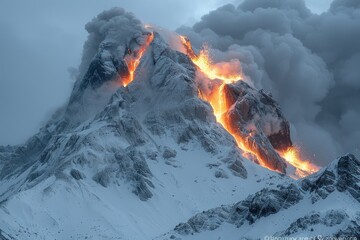 Spectacular Icy Mountain Eruption With Bright Orange Lava Flowing Down Its Slopes