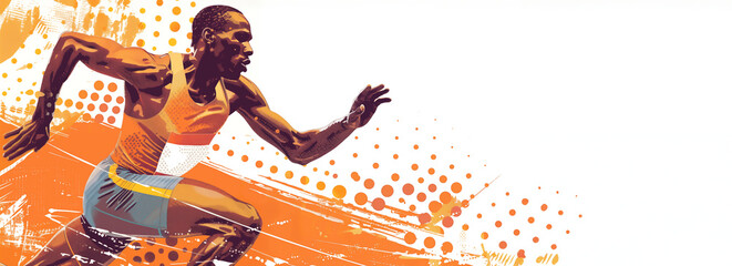 Bright illustration of running Olympic athlete on white background. Olympic Games. Black man athlete. Halftone dots effect.