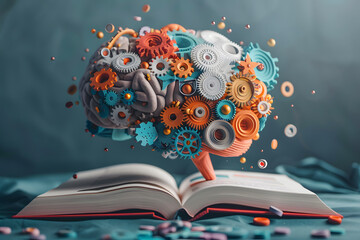 a brain, stack of books, gears and a light bulb. Library, education, new idea. Concept