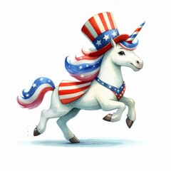 Unicorn Patriotic with American Flag. Watercolor 4th July Memorial Day Clip Art. Celebration USA (United State) Independence Day Art Cute Cartoon Character