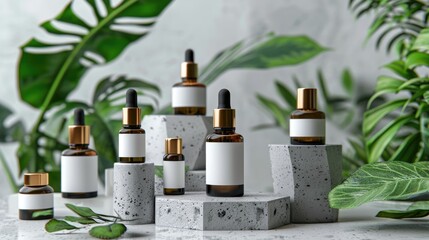Obraz na płótnie Canvas Minimalistic cosmetics products bottles and tubes mockup with blank labels, natural organic skincare cosmetic, background with copy space, AI generated image