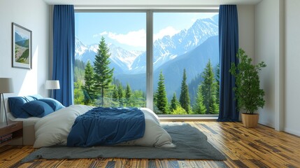 Render a bedroom with giant windows framing a breathtaking mountain landscape, with snow-capped peaks and evergreen forests.