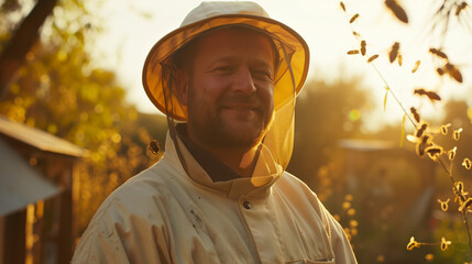 A handsome man in a beekeeper's costume stands on an apiary at sunset and smiles. Beekeeping is the oldest branch of agriculture