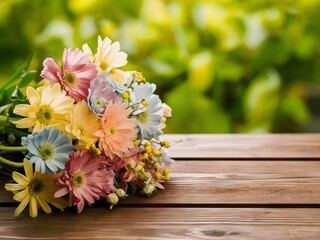 bouquet of flowers on wooden background with copy space, product showcase