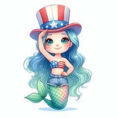Mermaid Patriotic with American Flag. Watercolor 4th July Memorial Day Clip Art. Celebration USA (United State) Independence Day Art Cute Cartoon Character