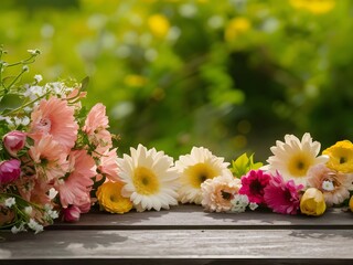 Flowers on wooden table with garden background copy space