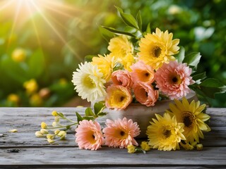 bouquet of flowers on wooden table with copy space