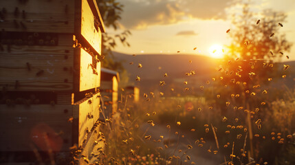 A swarm of bees is flying around a wooden box. The sun is setting in the background, casting a warm glow on the scene