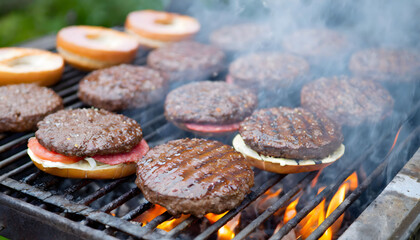 Hamburgers  cooking on flaming grill, close up,summer barbeque with tasty burger.
