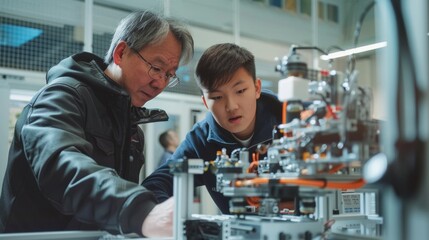 A man and boy looking at a machine in an assembly line, AI