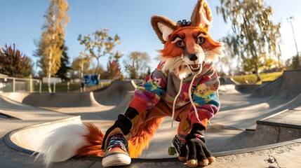 Anthro Fox in Vibrant Streetwear Playful Stunts in a Skateboarding Park  - obrazy, fototapety, plakaty