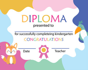 Kindergarten diploma with cute animals, vector. Preschool Elementary school kids certificate background design template. 