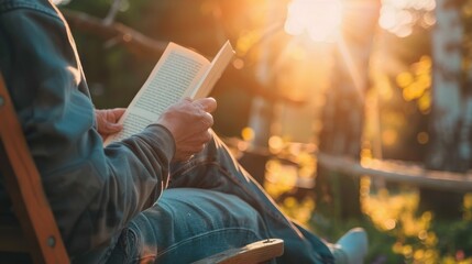 Lifestyle of a book lover. People reading books on rocking chairs in the garden Sunlight shines down through the branches. The atmosphere looks calm and relaxed.  - obrazy, fototapety, plakaty