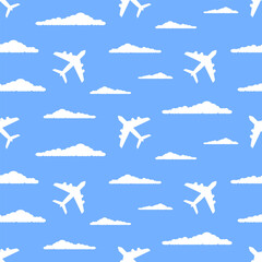 White clouds and airplanes on blue background. Vector seamless pattern.