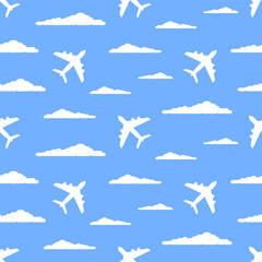 White clouds and airplanes on blue background. Vector seamless pattern.